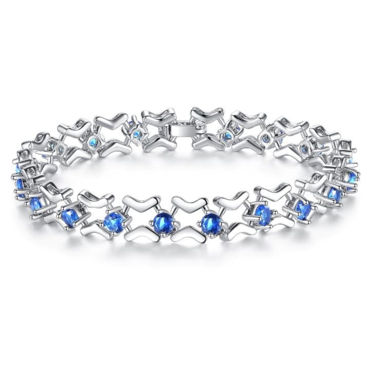 Rhodium Plated Blue Cubic Zirconia Link Bracelet