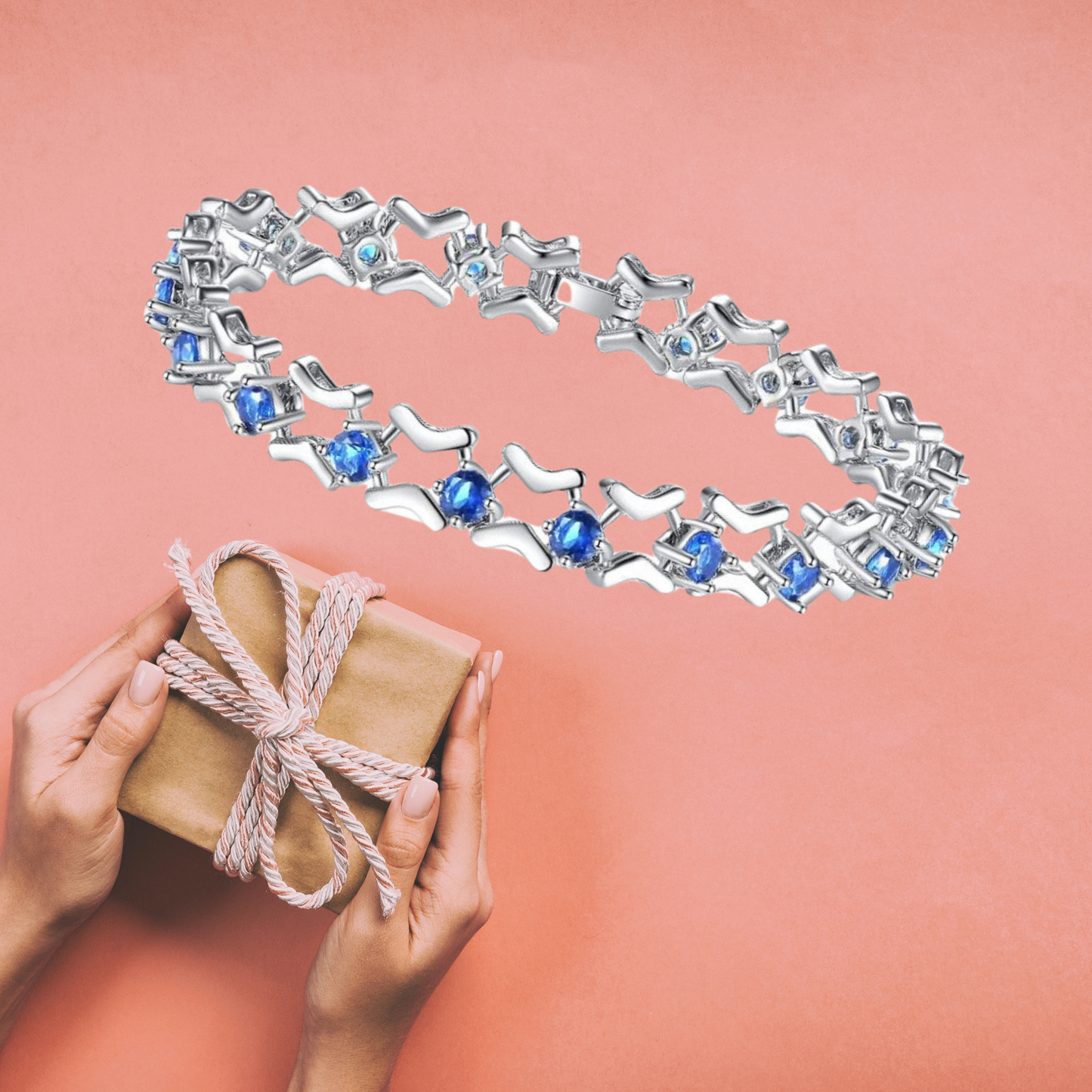 Rhodium Plated Blue Cubic Zirconia Link Bracelet