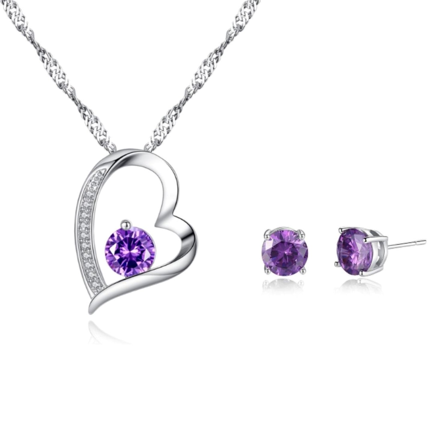Sparkling Purple Heart Zircon Crystals Pendant Necklace & Earrings Set