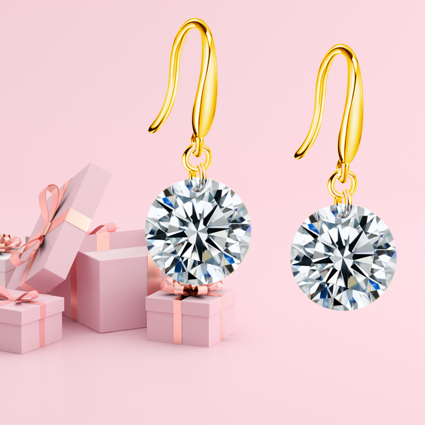 Round Zircon Womens Gold Drop Earrings