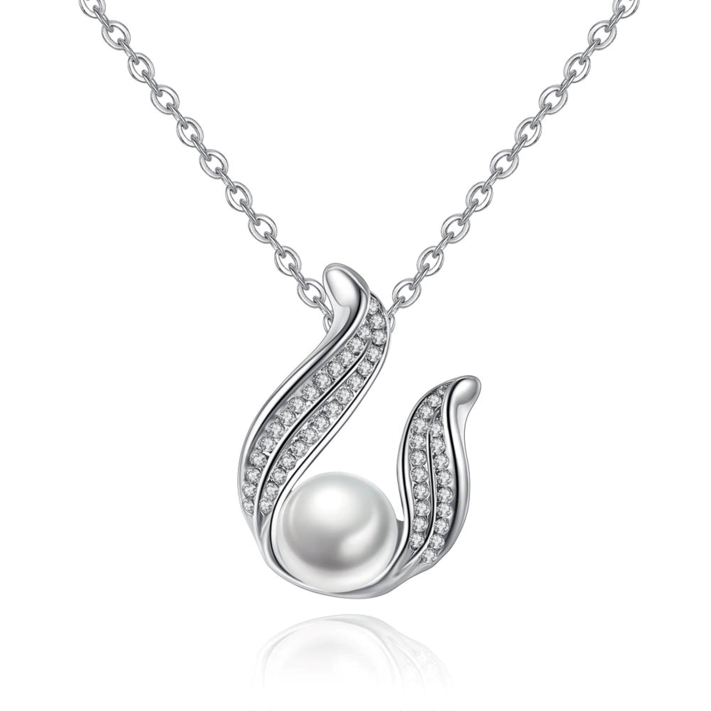 Elegant Silver Pearl Drop Design Crystal Pendant Necklace