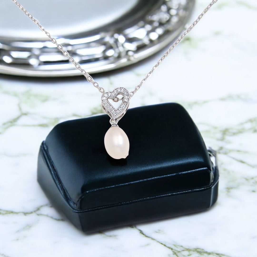 Crystal Heart with Freshwater Pearl Pendant Necklace