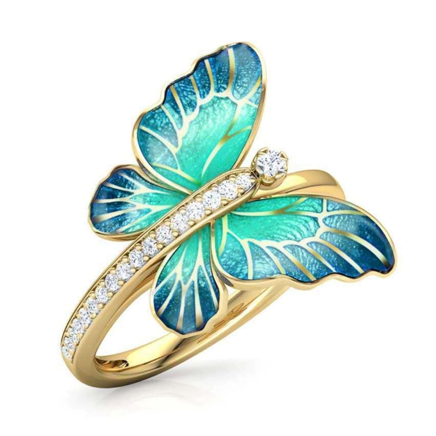 Stunning Gold Tone Blue Butterfly Ring