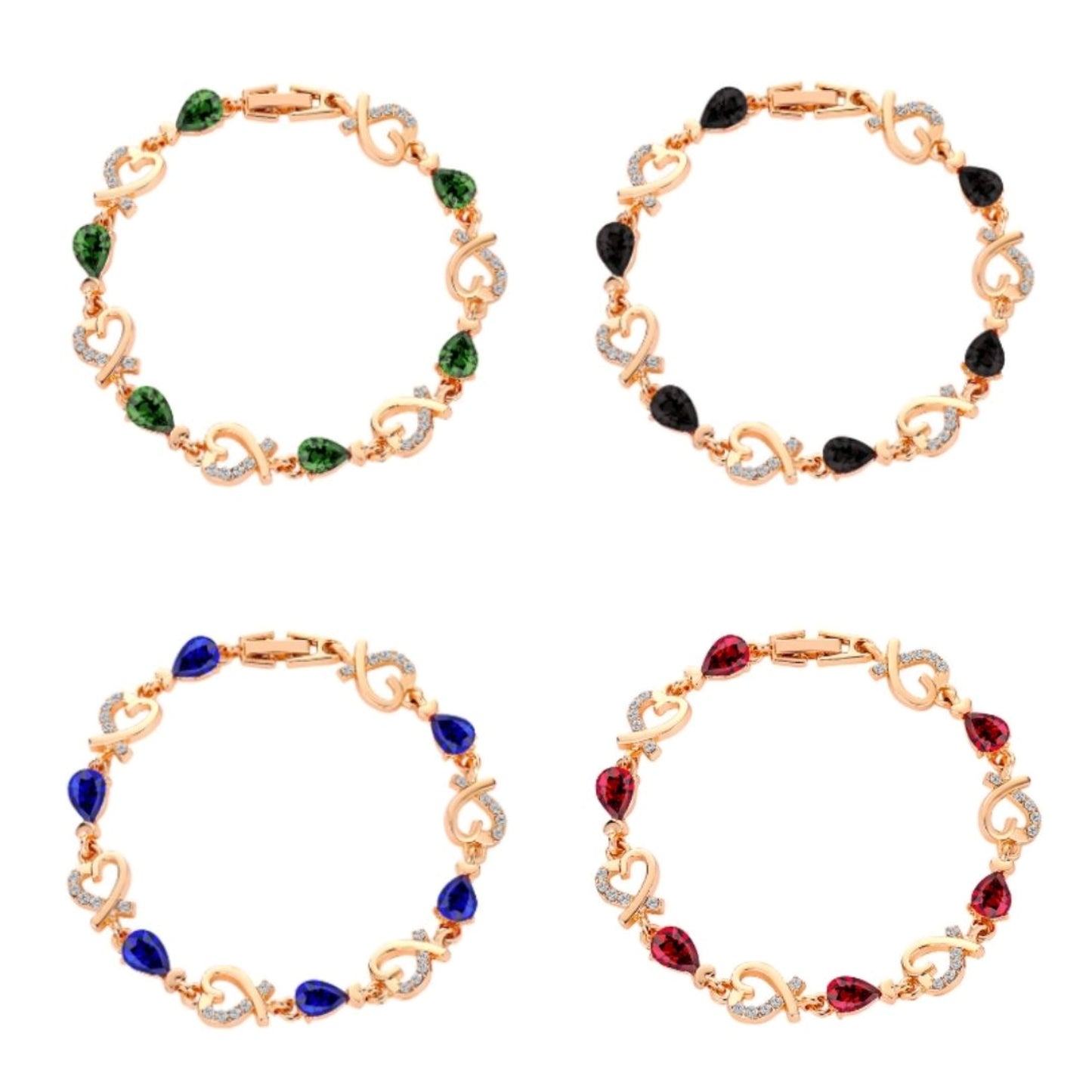 Rose Gold Linked Heart Bracelet with Coloured Stones