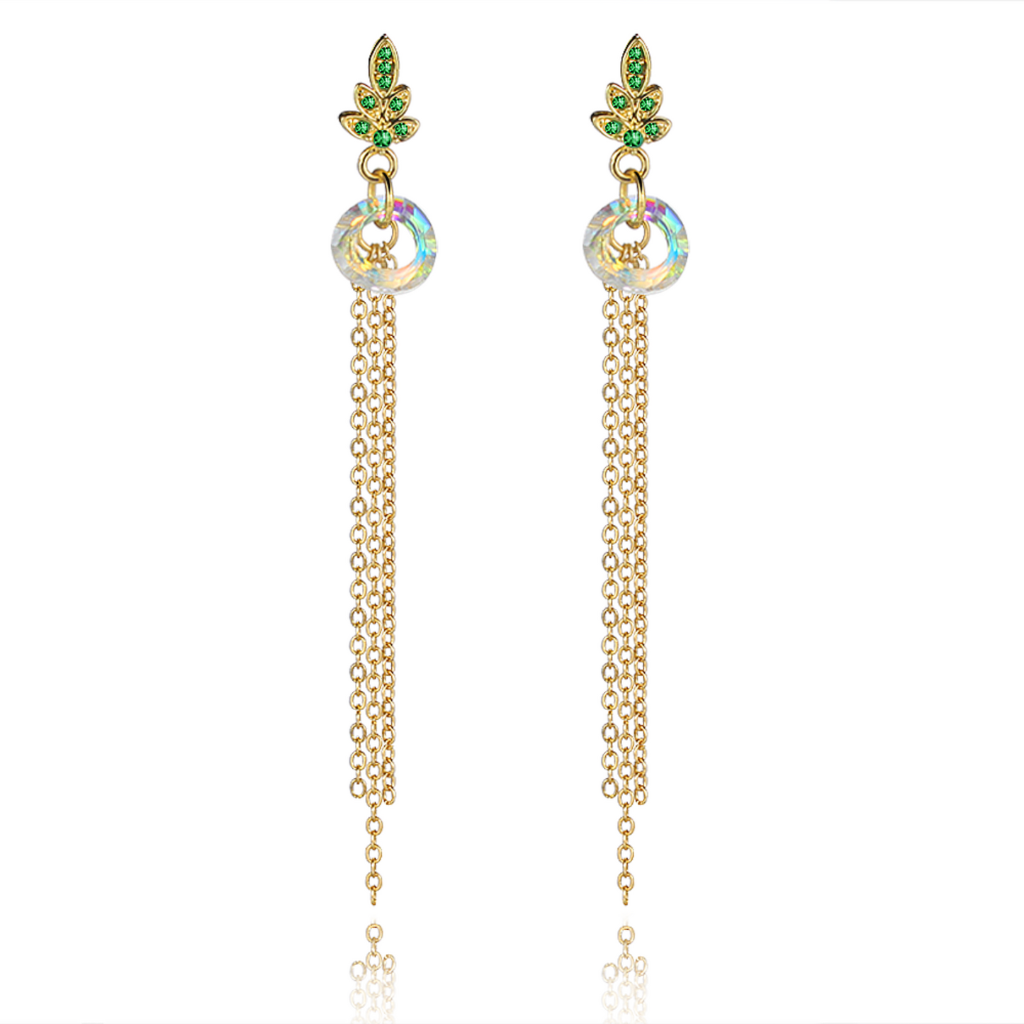 Green Leaf Ring Earrings in Gold Tone