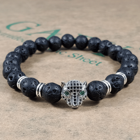 Black Panther Head Lava Beaded Bracelet