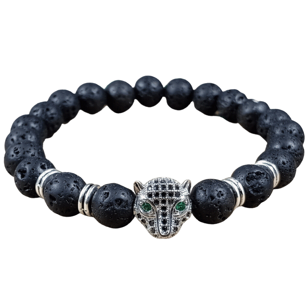 Black Panther Head Lava Beaded Bracelet