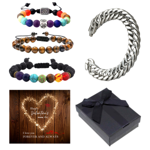 Men Bracelet Set Stainless Steel Silver tone with Two Chakra Beads Bracelet Tri Set