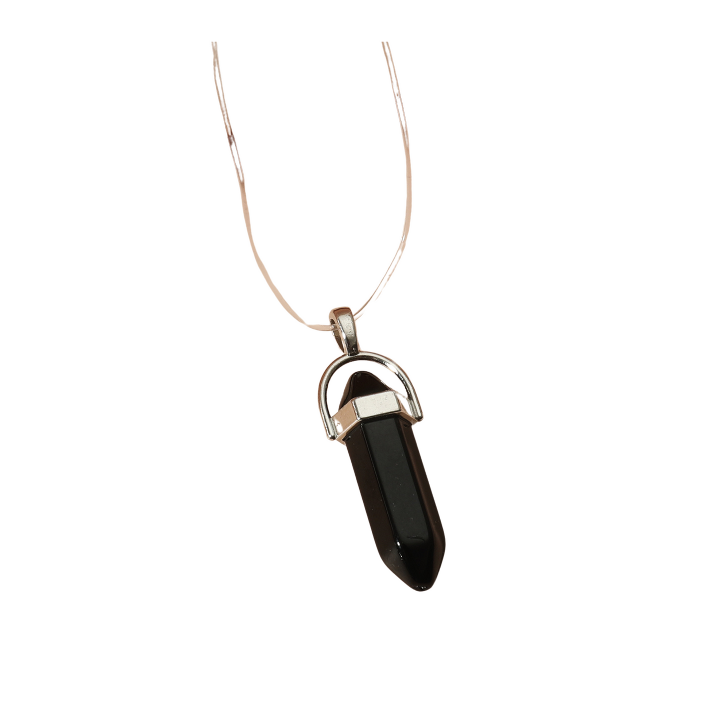 Unisex Black Crystal Stone Hexagon Pillar Single Pendant Necklace