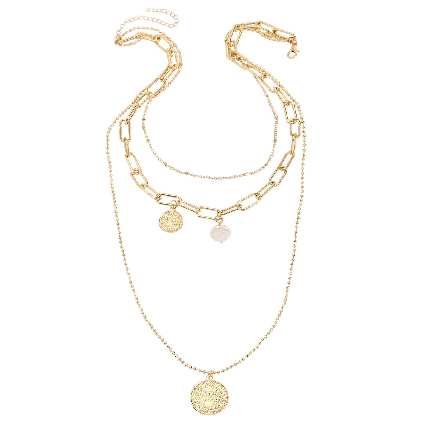 Triple Golden Chain with Pendants Layered Necklace