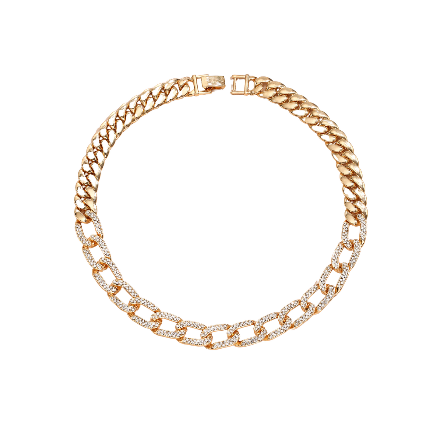 Half Cuban Half Cable Link Golden Chain Necklace with Crystal Unisex