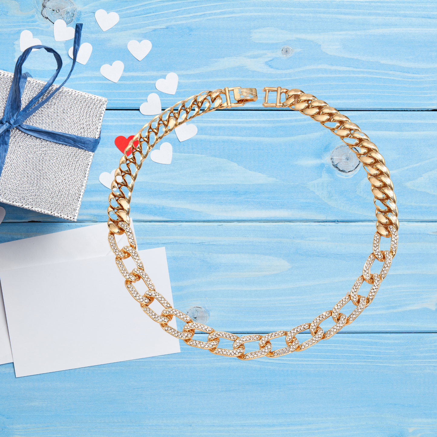 Half Cuban Half Cable Link Golden Chain Necklace with Crystal Unisex