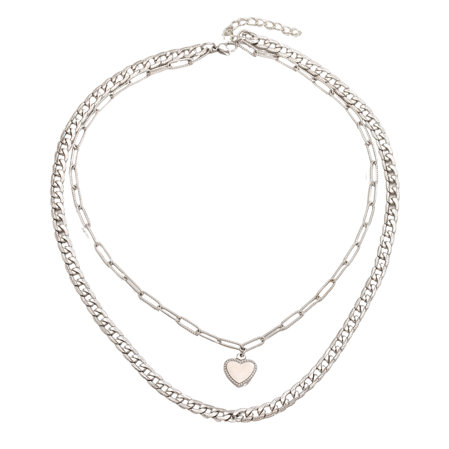 Stylish Silver Double-layer Cable Chain with Heart Pendant Necklace