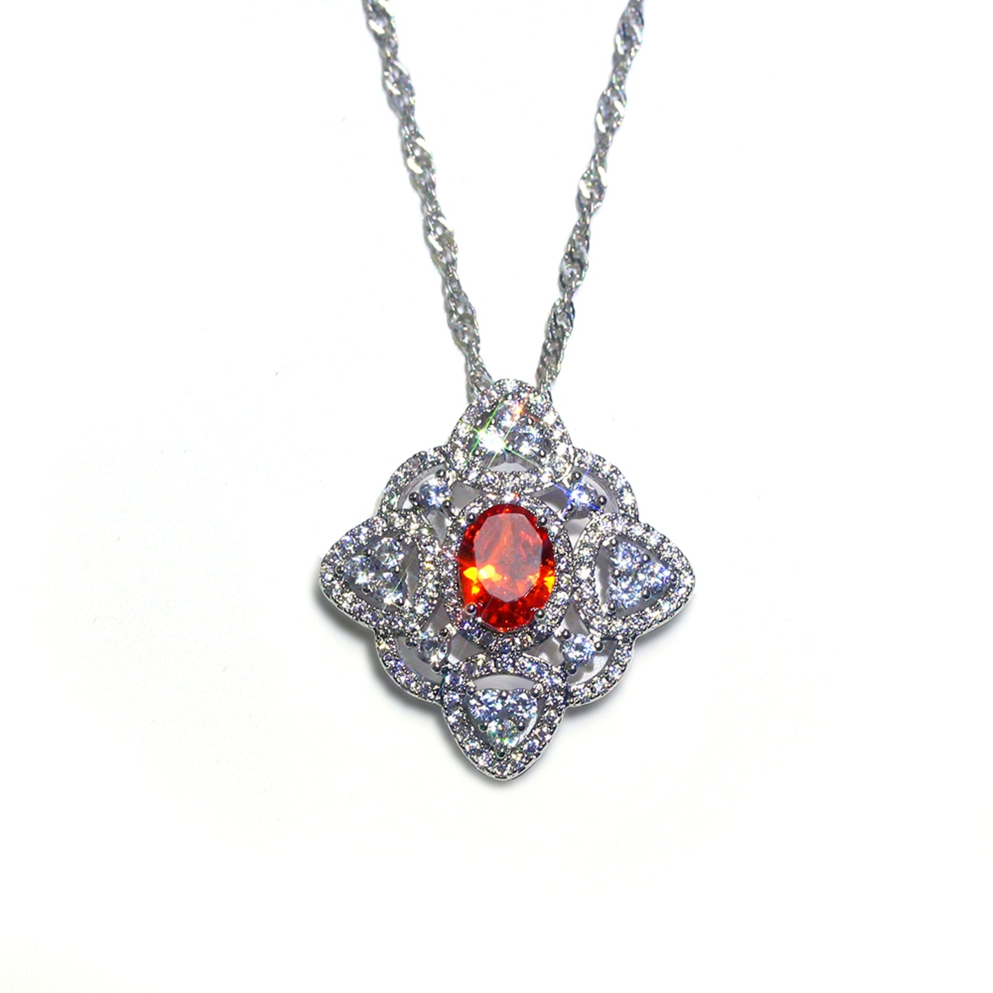 Stunning Crystal Filled Flower Shaped Pendant Necklace with Red Centre Stone