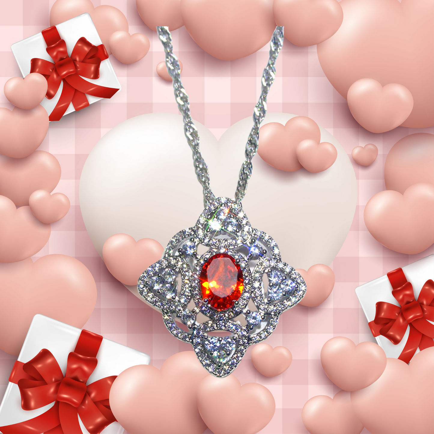 Stunning Crystal Filled Flower Shaped Pendant Necklace with Red Centre Stone