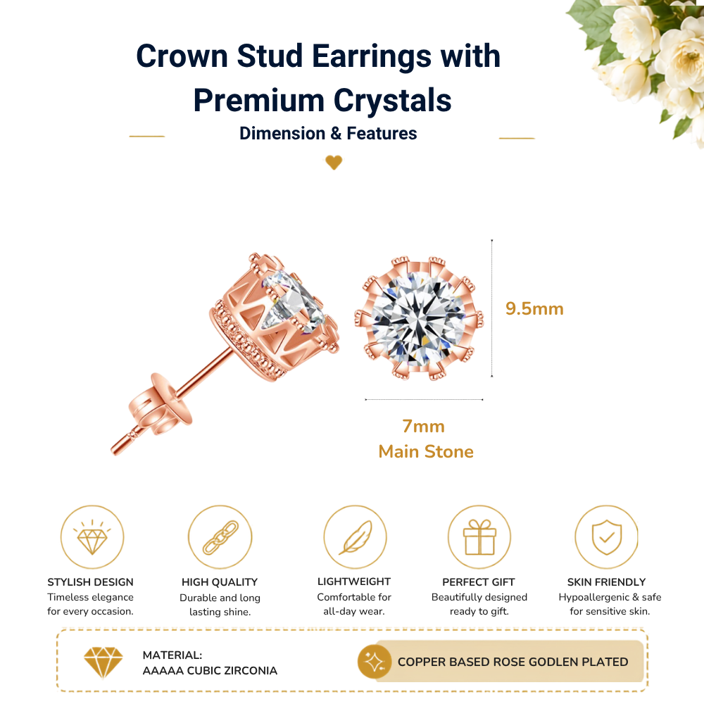 Rose Gold Round Crystals Halo Ring and Stud Earrings Set