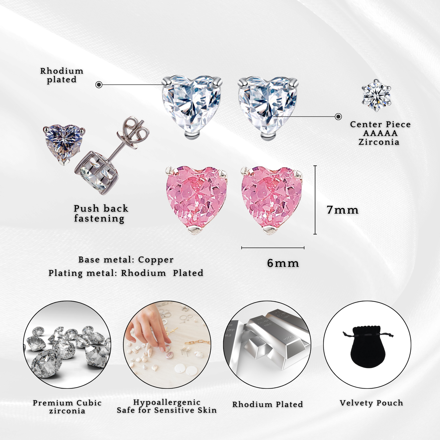 Silver Heart-shaped Crystal Stud Earrings