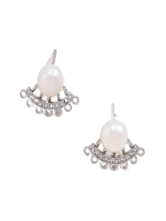 Fan Shaped Freshwater Pearl Stud Earrings - Gold/Silver
