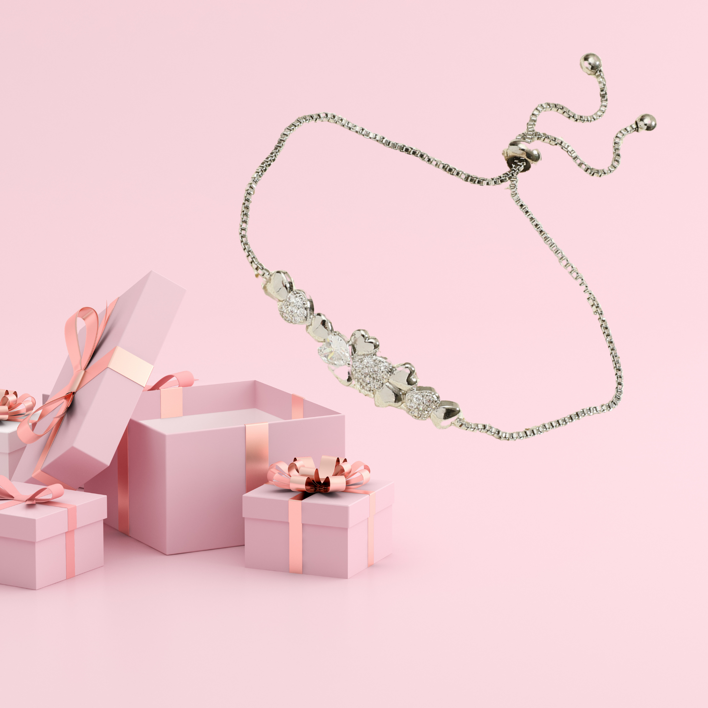 Stunning Silver Four-leaf Clover Linked Heart Crystal Adjustable Bracelet