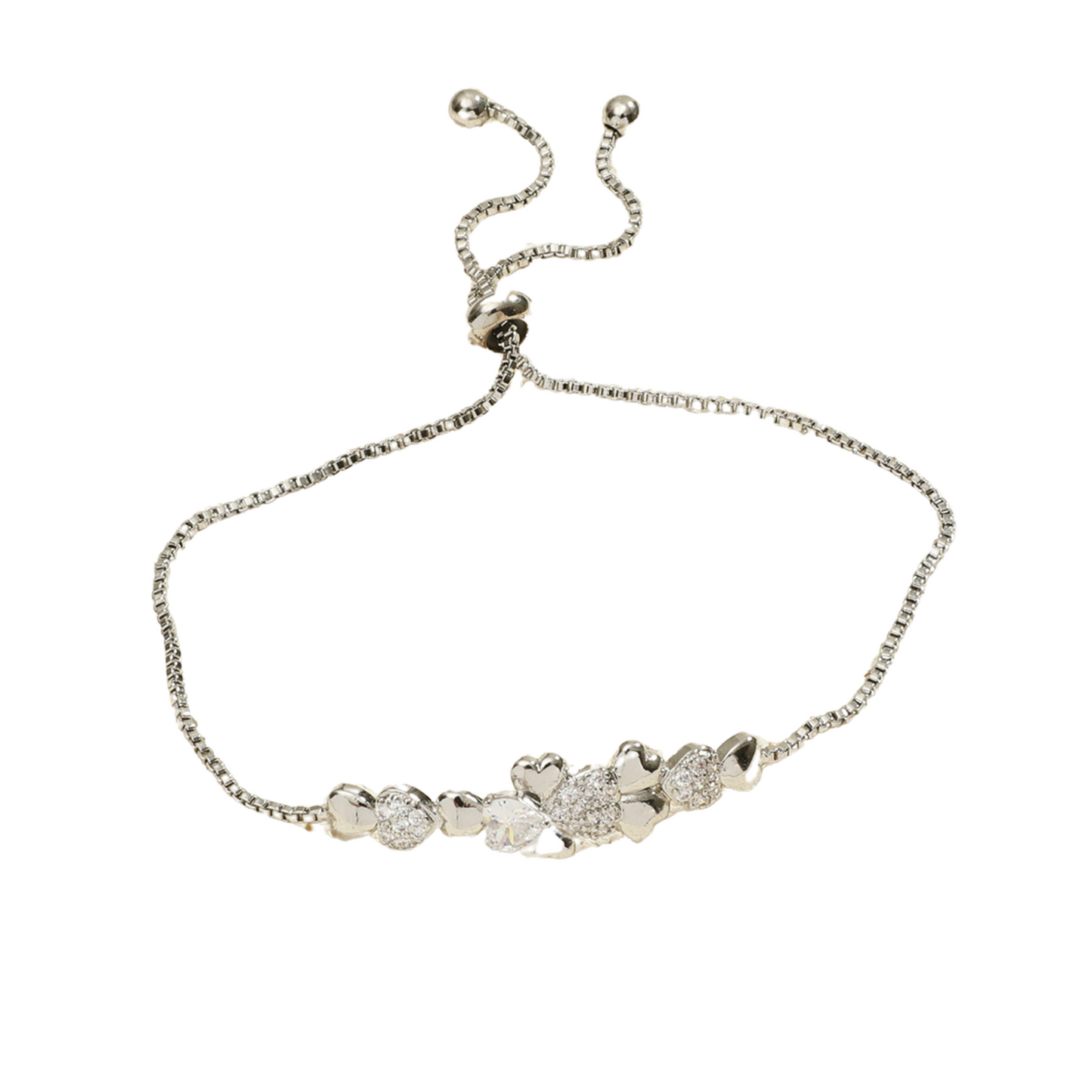 Stunning Silver Four-leaf Clover Linked Heart Crystal Adjustable Bracelet