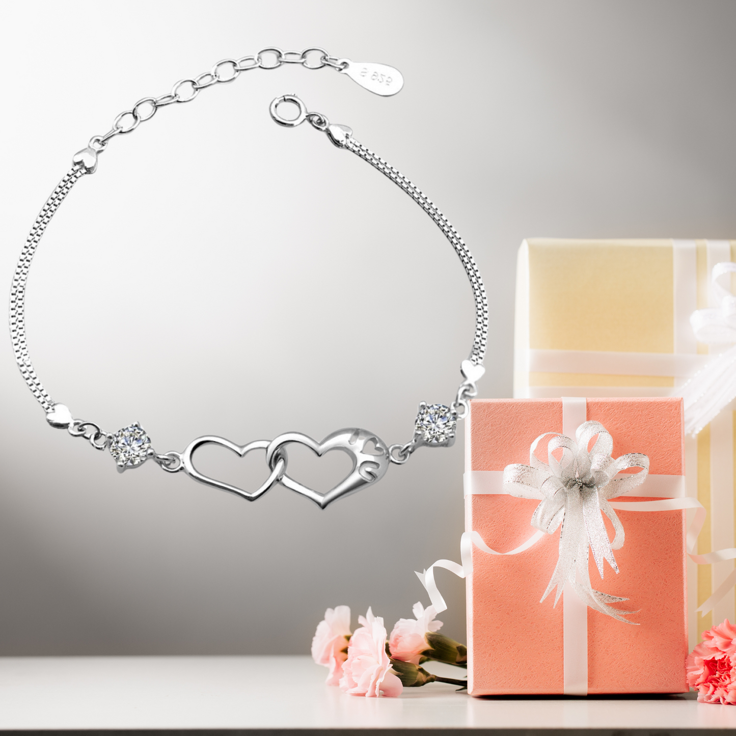 Stunning Silver Linked Heart Crystal Bracelet
