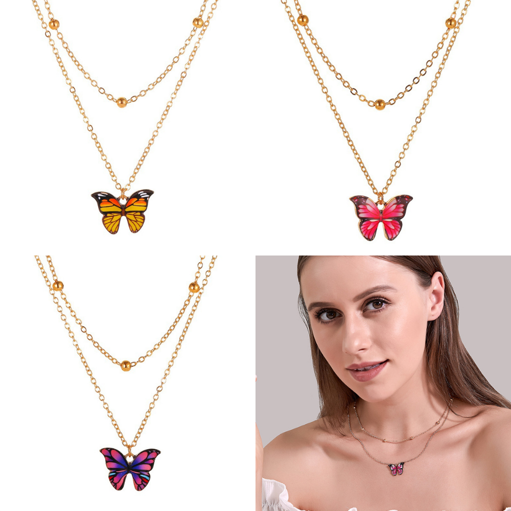 Butterfly Gold Tone Layered Pendant Necklace