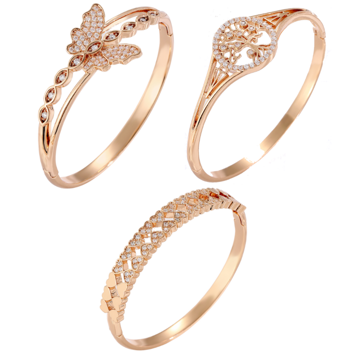 Hinged Butterfly, Family Tree and Love Heart Shape Bangles in Gold Tone with Crystals