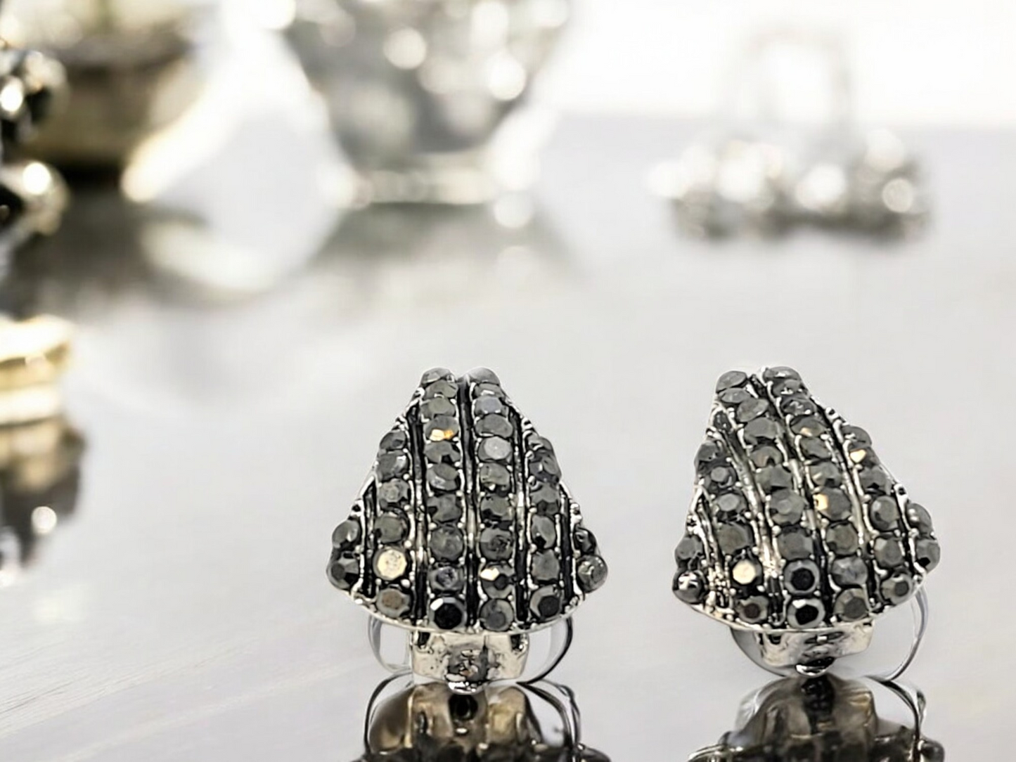 Crystal Shell Shaped Stud Clip On Non Pierced Earrings – Silver or Black