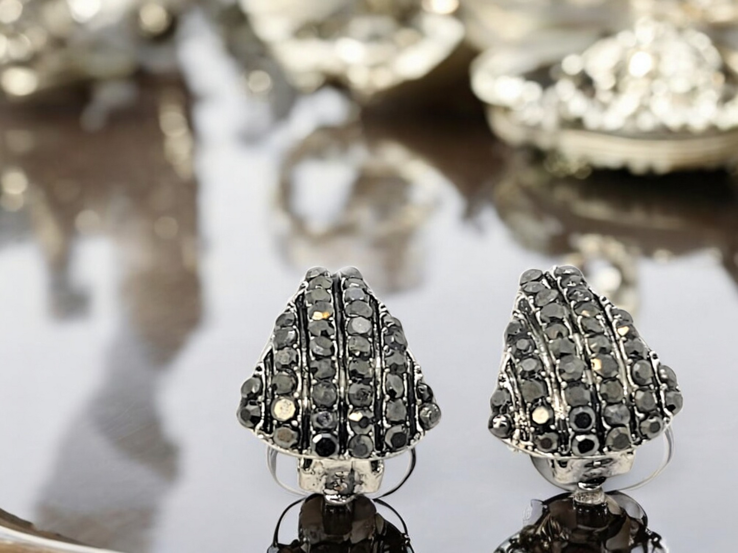 Crystal Shell Shaped Stud Clip On Non Pierced Earrings – Silver or Black