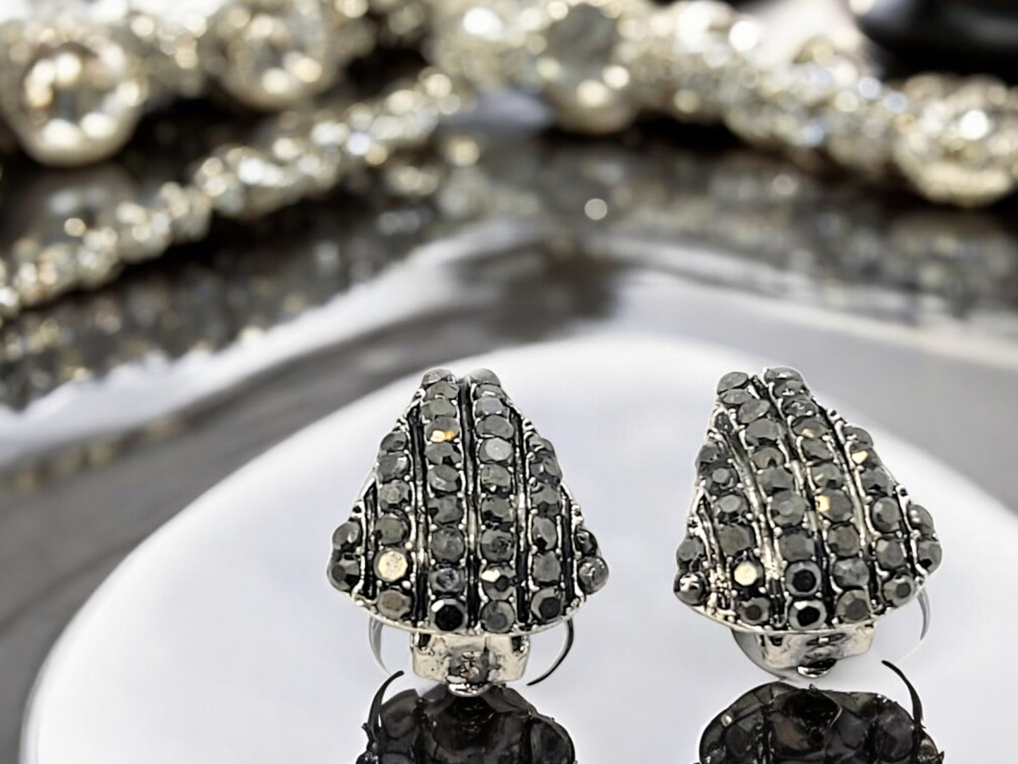 Crystal Shell Shaped Stud Clip On Non Pierced Earrings – Silver or Black