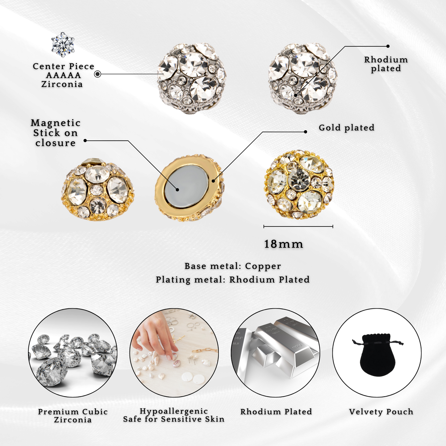 Magnetic Crystal Filled Round Ball Stud Earrings No Pierced Clip on