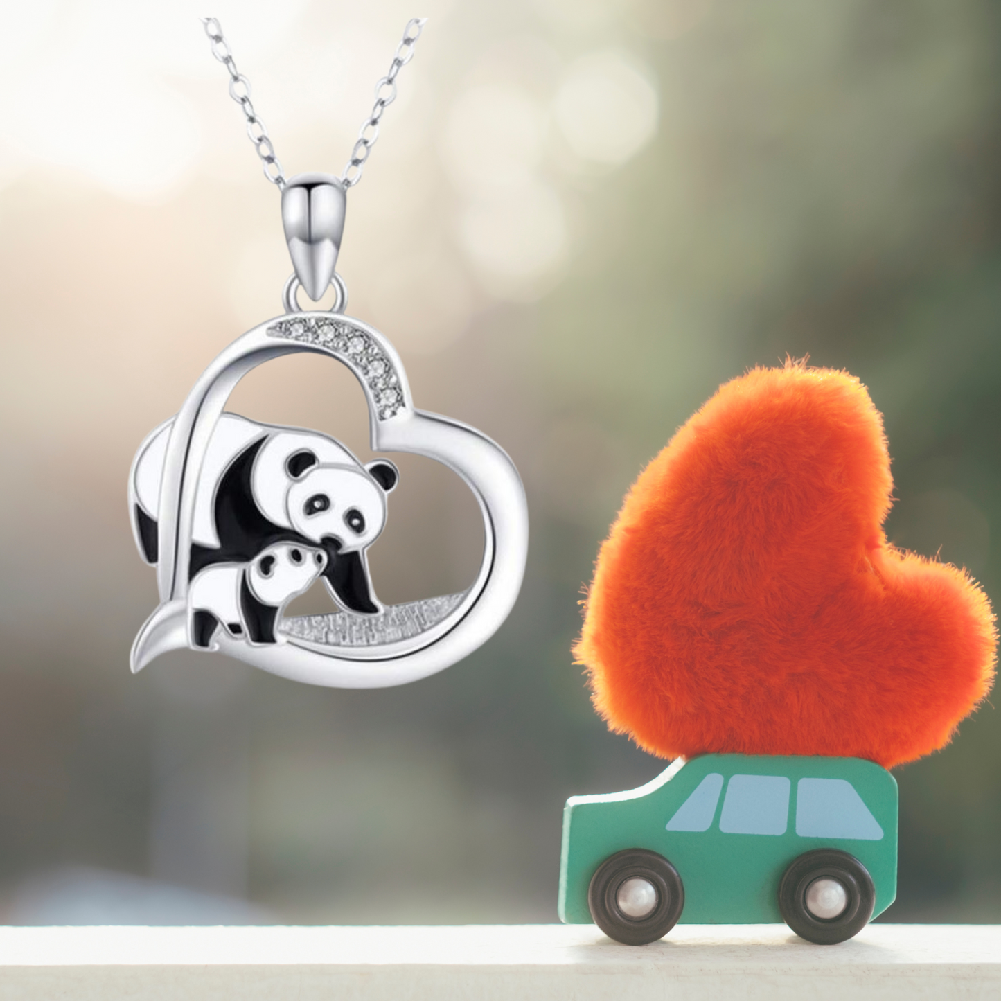 Heart-Shaped Mum Baby Panda Silver Tone Pendant Necklace