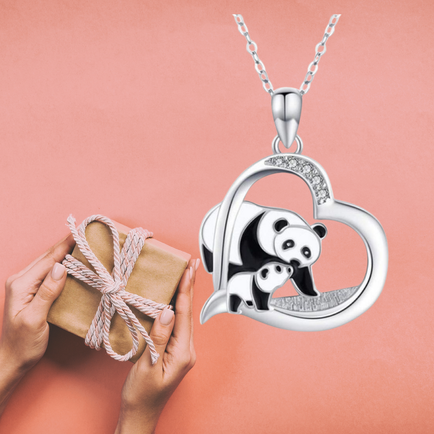 Heart-Shaped Mum Baby Panda Silver Tone Pendant Necklace