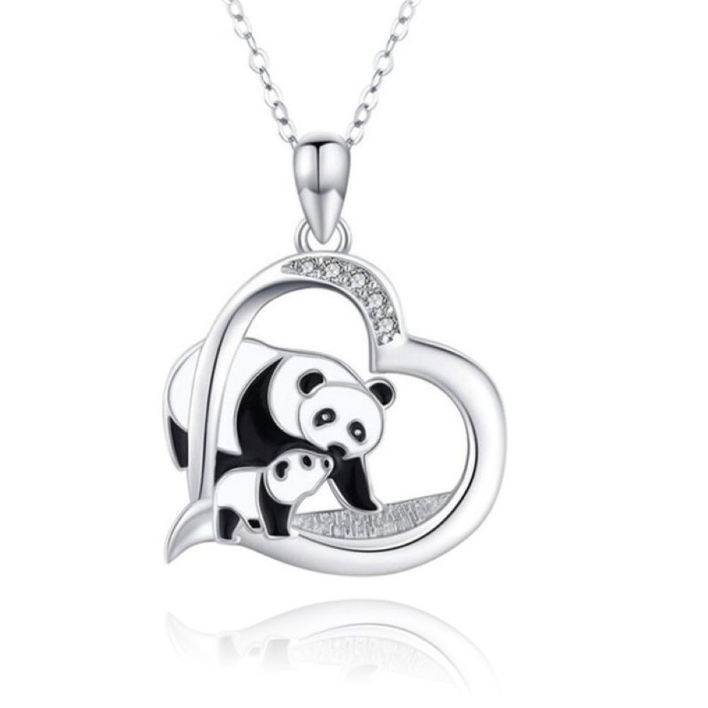 Heart-Shaped Mum Baby Panda Silver Tone Pendant Necklace