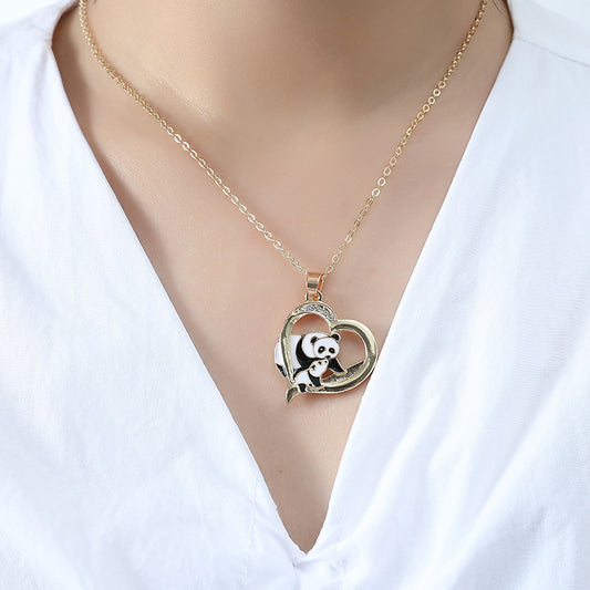 Heart-Shaped Mum Baby Panda Silver Tone Pendant Necklace
