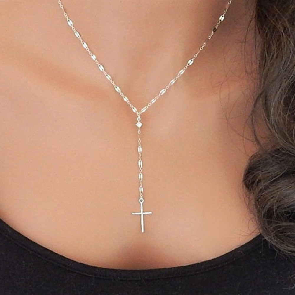 Cross Lariat Drop Gold Tone Pendant Necklace