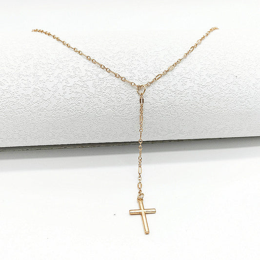 Cross Lariat Drop Gold Tone Pendant Necklace