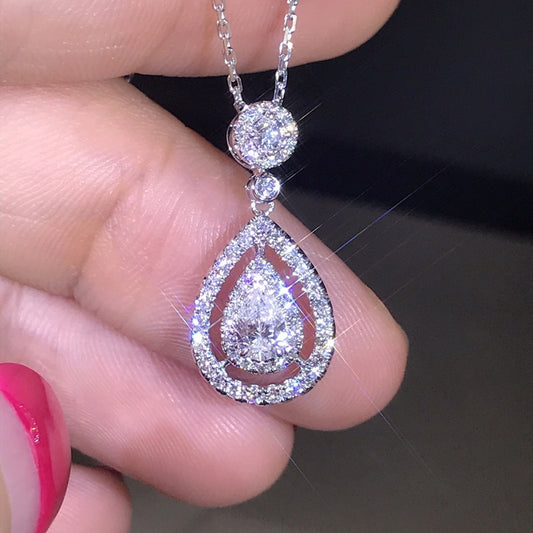 Teardrop Zircon Crystals Silver Tone Pendant Necklace