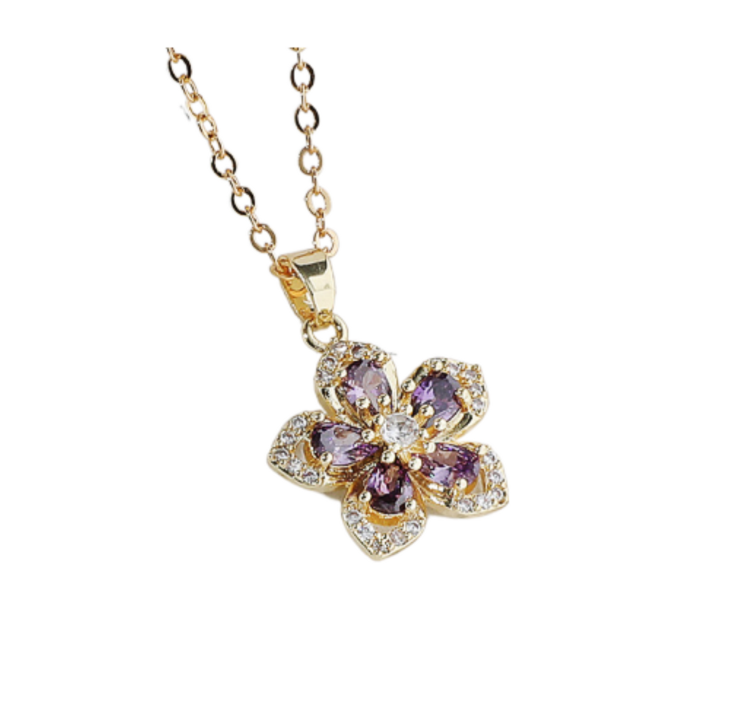 Amethyst Purple Crystal Flower Gold Tone Pendant Necklace