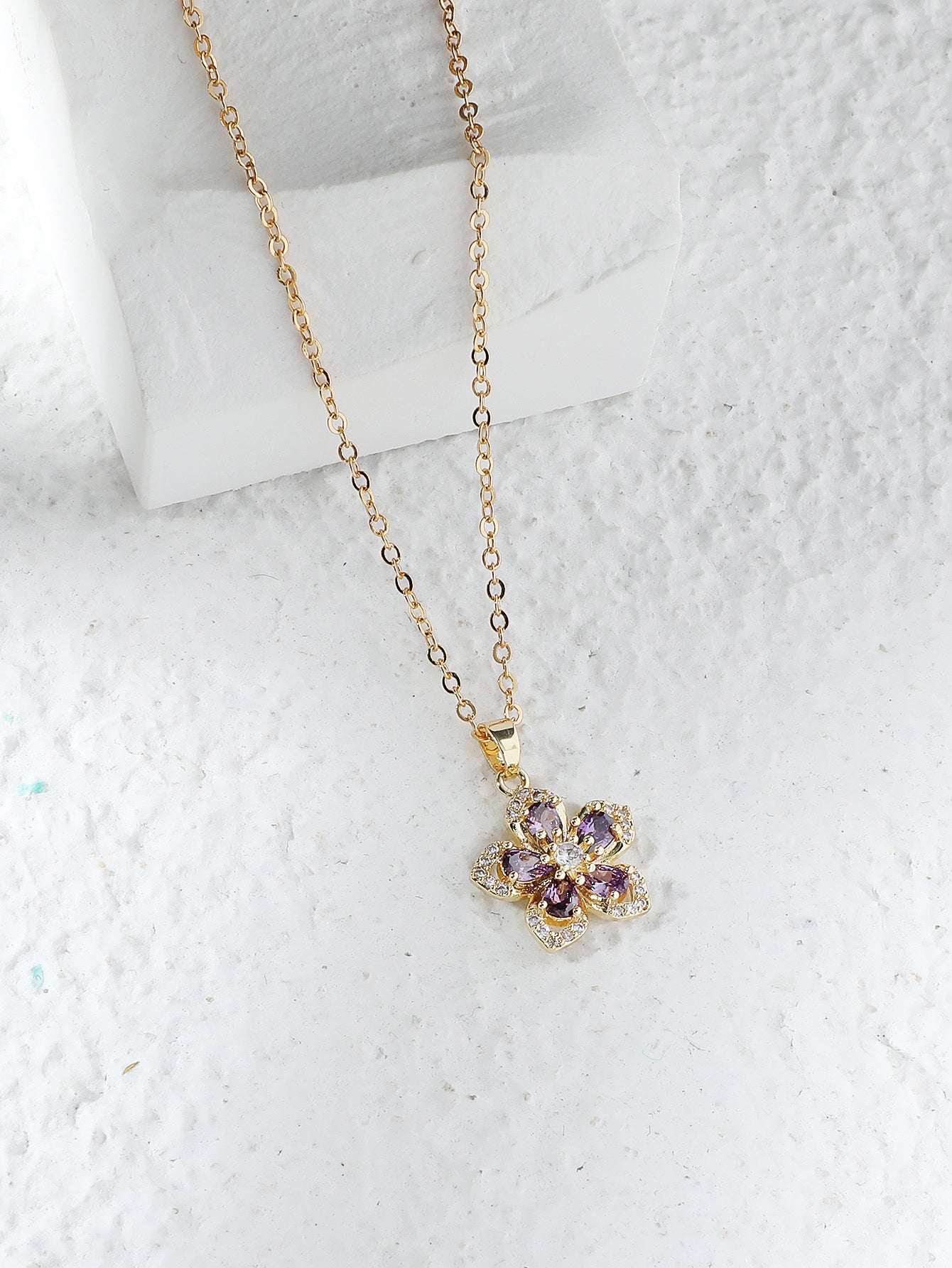 Amethyst Purple Crystal Flower Gold Tone Pendant Necklace