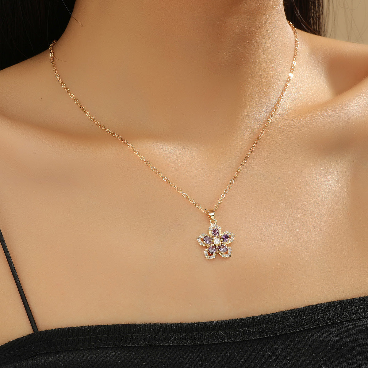 Amethyst Purple Crystal Flower Gold Tone Pendant Necklace