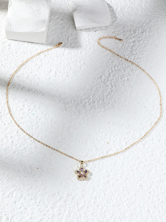 Amethyst Purple Crystal Flower Gold Tone Pendant Necklace