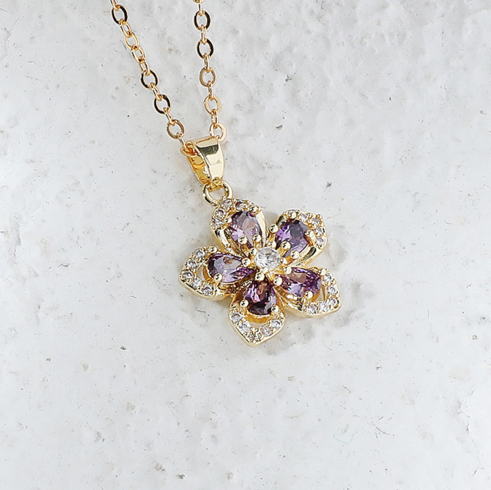 Amethyst Purple Crystal Flower Gold Tone Pendant Necklace