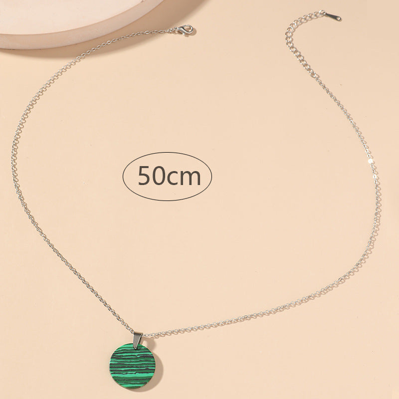 Precious Green Turquoise Gemstone Round Stripe Pendant Necklace