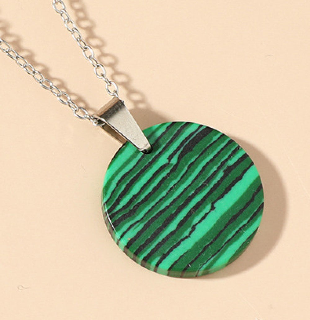 Precious Green Turquoise Gemstone Round Stripe Pendant Necklace