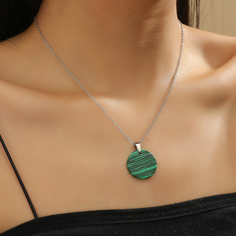 Precious Green Turquoise Gemstone Round Stripe Pendant Necklace