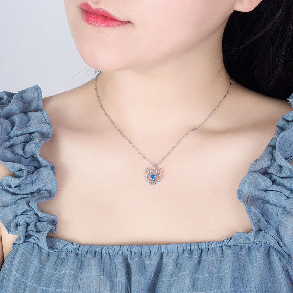 Blue Crystal Antler Silver Tone Christmas Pendant Necklace