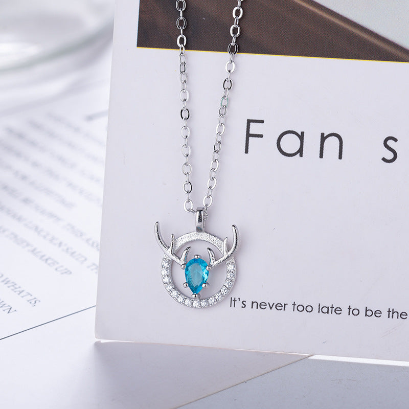 Blue Crystal Antler Silver Tone Christmas Pendant Necklace