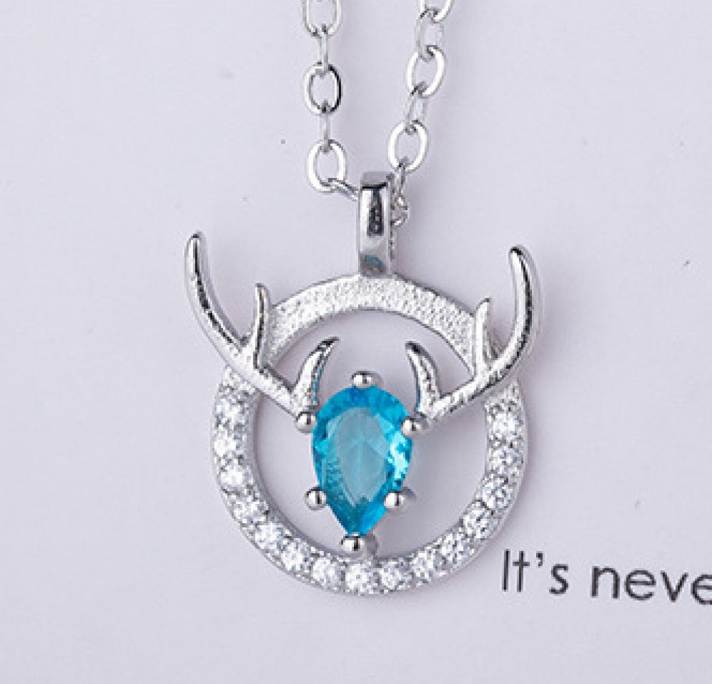 Blue Crystal Antler Silver Tone Christmas Pendant Necklace