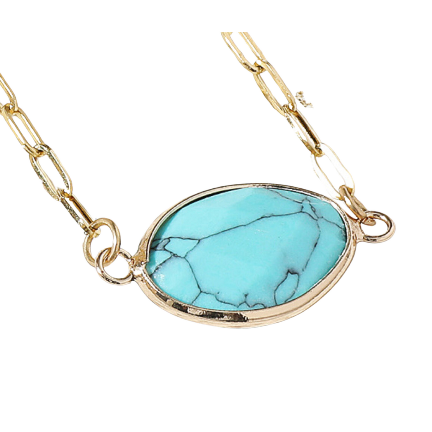 Oval Blue Turquoise Gemstone Gold Tone Pendant Necklace